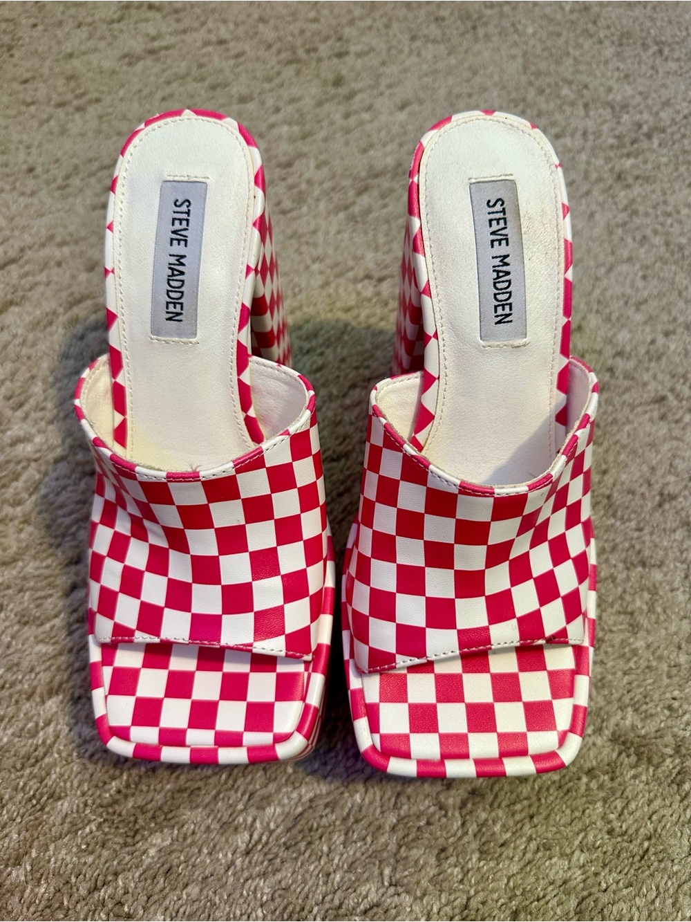 Steve Madden Trixie Platform Sandals Block Heel Pink/White Checkered Size 6 - Picture 2 of 7